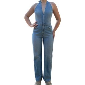 Zara 70s Style Denim Halter Jumpsuit with Tie Back Detail